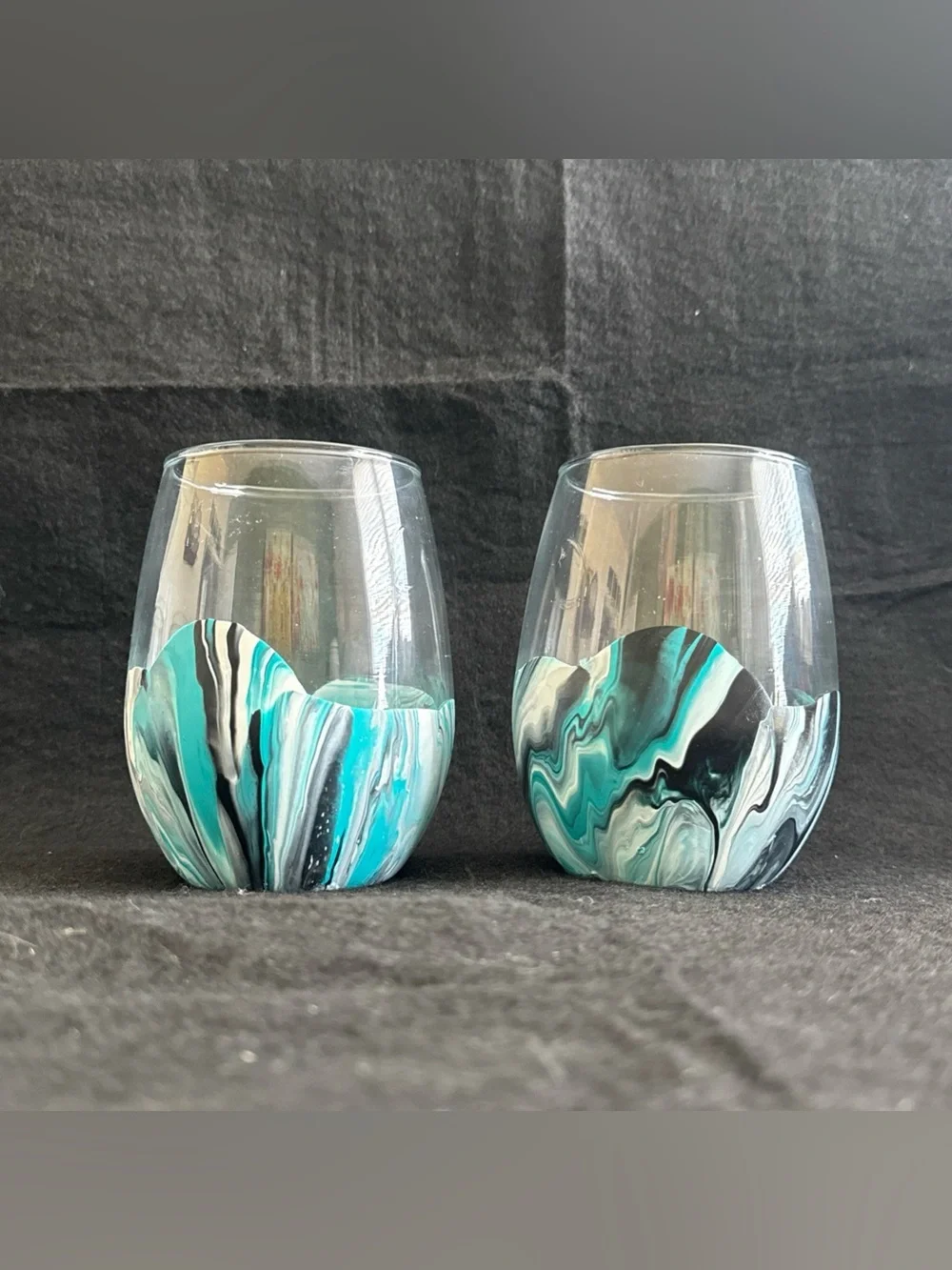 Water Marbled Stemless Wine Glasses Set Of 4 Handmade Unique Turquoise White